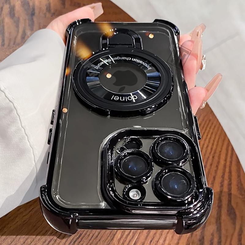 Luxury Shockproof Plating Soft TPU Bracket Phone Case for iPhone 16 15 14 13 11 12 Pro Max Plus Magsafe Magnetic Protect Cover