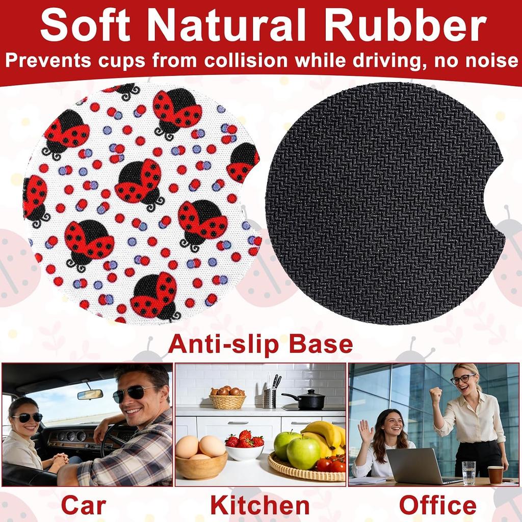 2 PCS Car Cup Holder Coaster Cute Ladybug Cup Coasters 2.75 in Universal Size Anti Slip Neoprene Rubber Automotive Cups Holder Decal Decor Interior