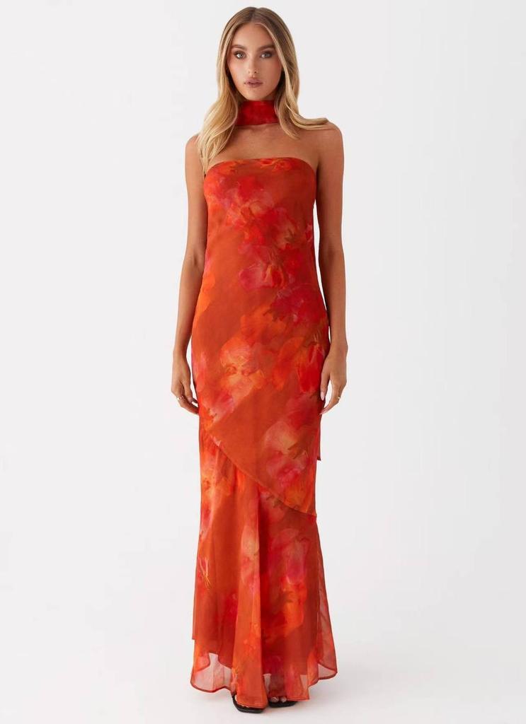 French Floral Chiffon Maxi Dress With Zipper For Summer Beach Vacation