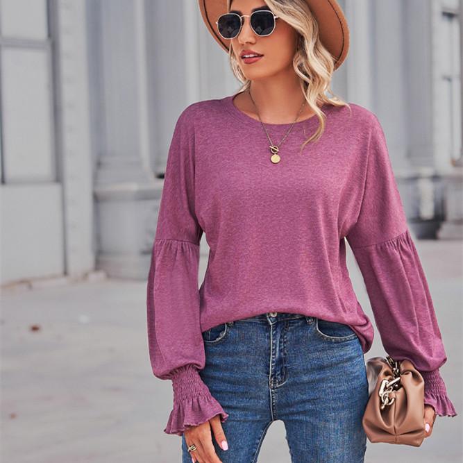 GMXIA Женские модные повседневные однотонные блузки и рубашки с круглым вырезом и длинным рукавом с принтом