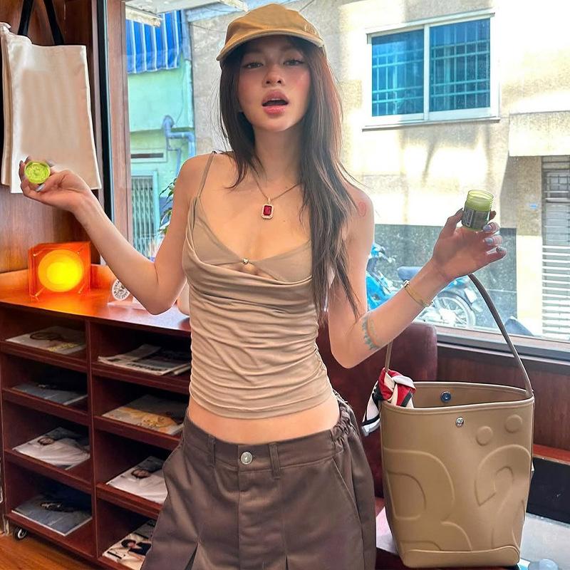 Женский сексуальный топ-камисоль в стиле Ins с драпированным воротником, на тонких бретельках, летний, для повседневной носки