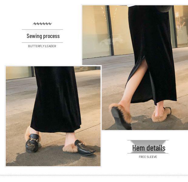 Ретро Осенне-зимняя черная бархатная миди-юбка с высоким поясом и разрезом - Облегающий силуэт