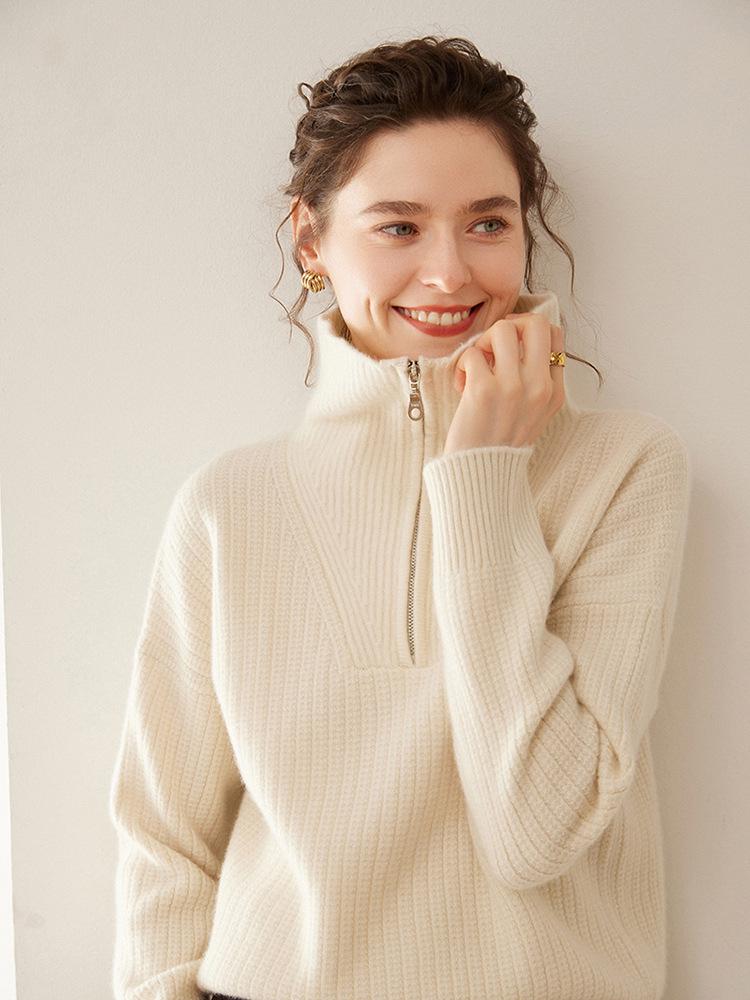2024 A/W Women's Half-Zip Lapel Cashmere Sweater - Cozy, Seven-Gauge Knit Base Layer