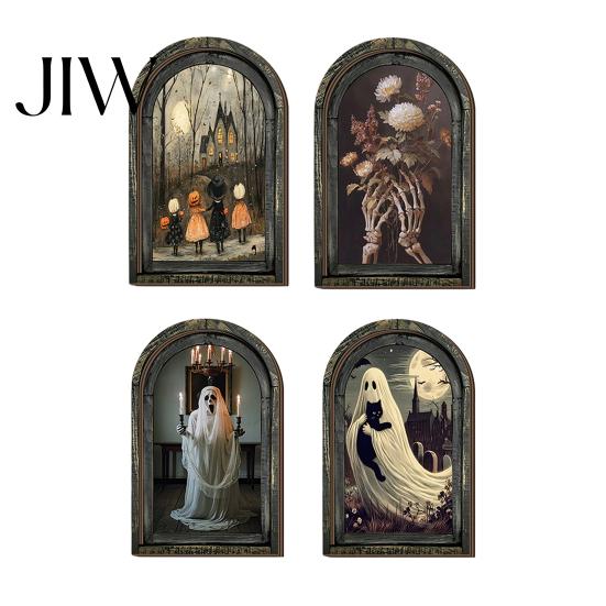 Rustic Wood Halloween Sign Arched Wooden Wall Decor, Ghost Cat Hanging Ornament, Distressed Gothic Desktop Ornament Tabletop Decor Plaque, Spooky