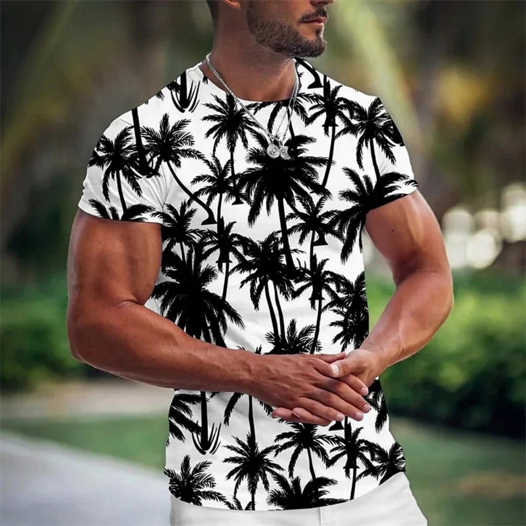 Summer Coconut Tree 3D Printed T-Shirt Streetwear Short Sleeve Round Neck Cool T-Shirt for Men Hawaiian Top
