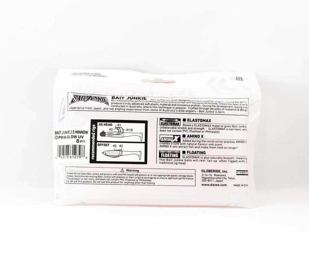 Daiwa Soft Lure Bait Junkie Minnow 2.5 Inch 8 Per Pack Pink Glow UV (2798)