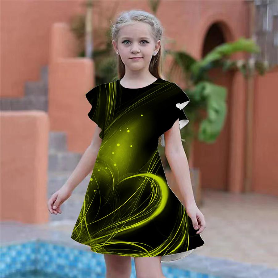 Girls Love Lines Print Dresses Kids Girl Party Dress Loose Fitting Loose Fitting Short Sleeved Skirt For Girls Over Four Years Old