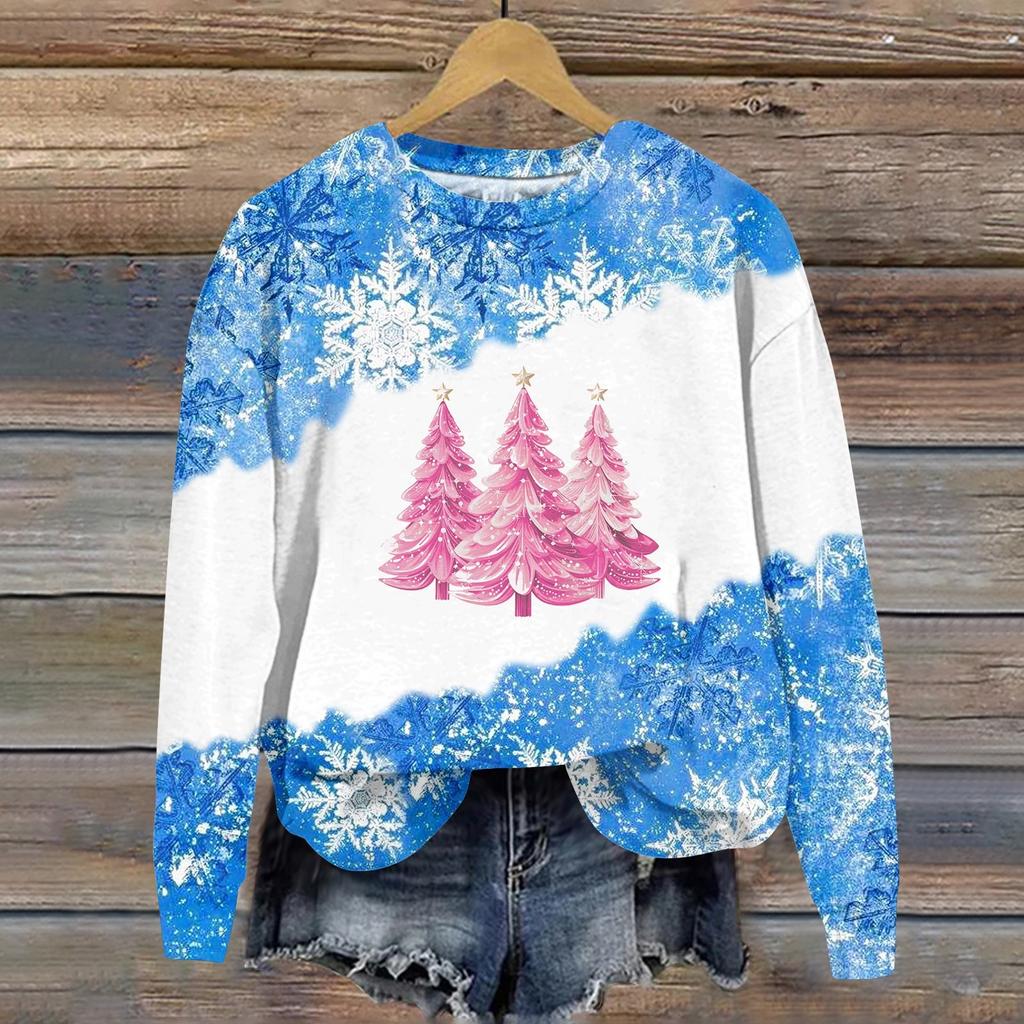 Женская мода рождественский принт длинный рукав свободный круглый вырез толстовка топ осень