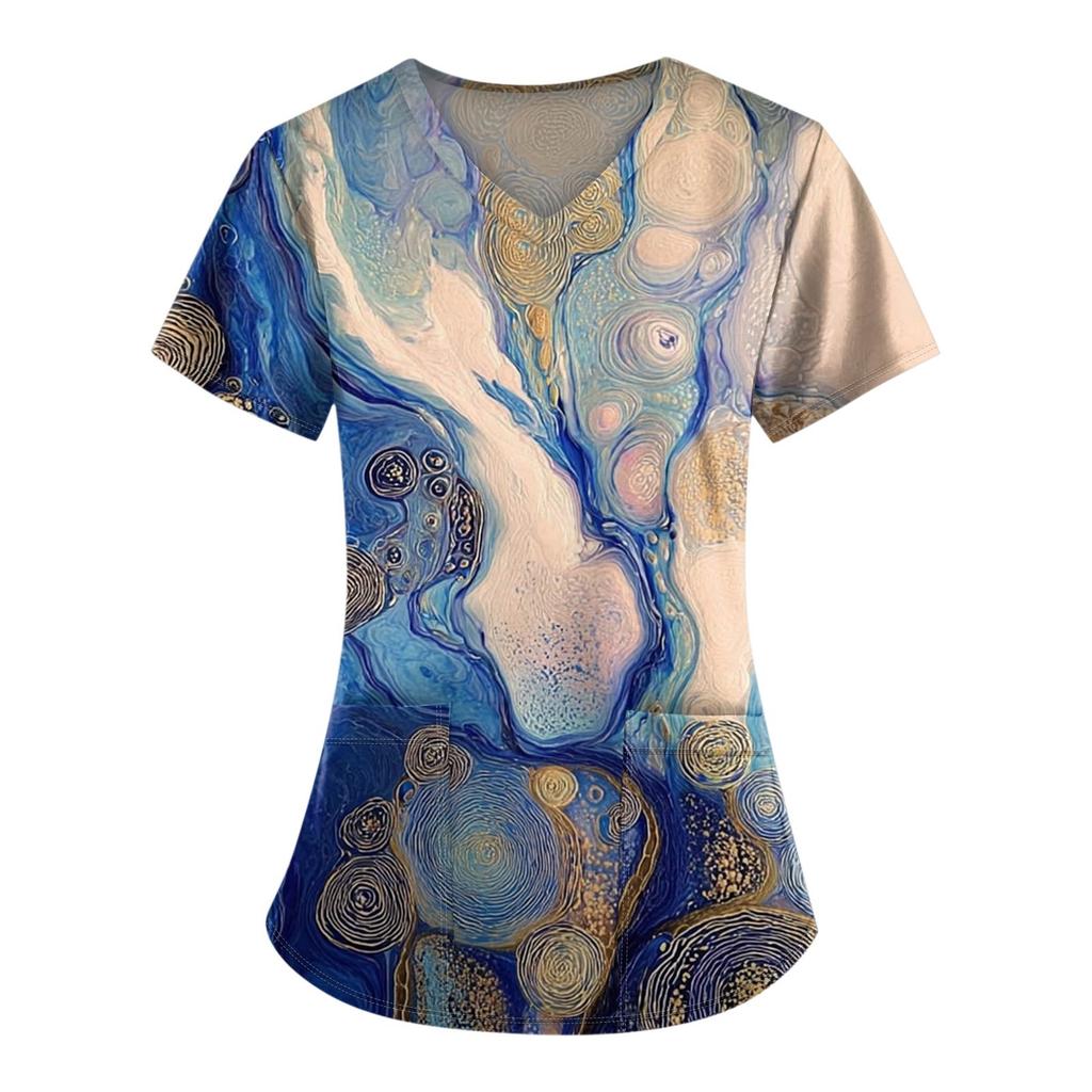Plus Size Printed Scrub Working Uniform Tops For Women's V-Neck Print Short Sleeve Fun T-Shirts Workwear Tee With Pockets