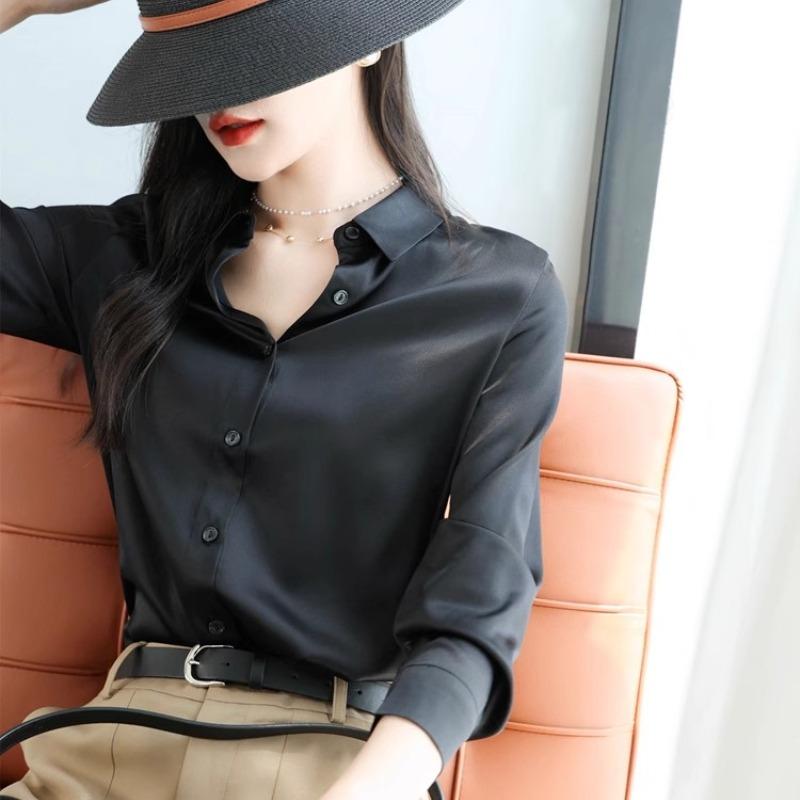 Модная повседневная офисная женская атласная рубашка, свободные топы с длинным рукавом, однотонные женские блузки больших размеров, элегантные винтажные простые женские рубашки на пуговицах 25678