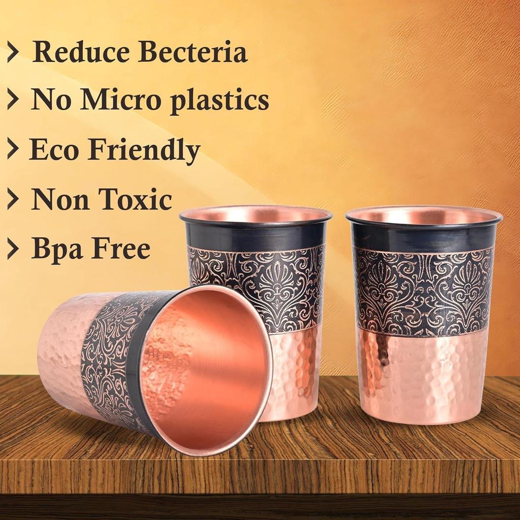 Copper Printed Design 250ML Water Glass with Rust Proof Protection for Home and Office Use Ayurveda and Yoga Health Benefits Glass Set of 6