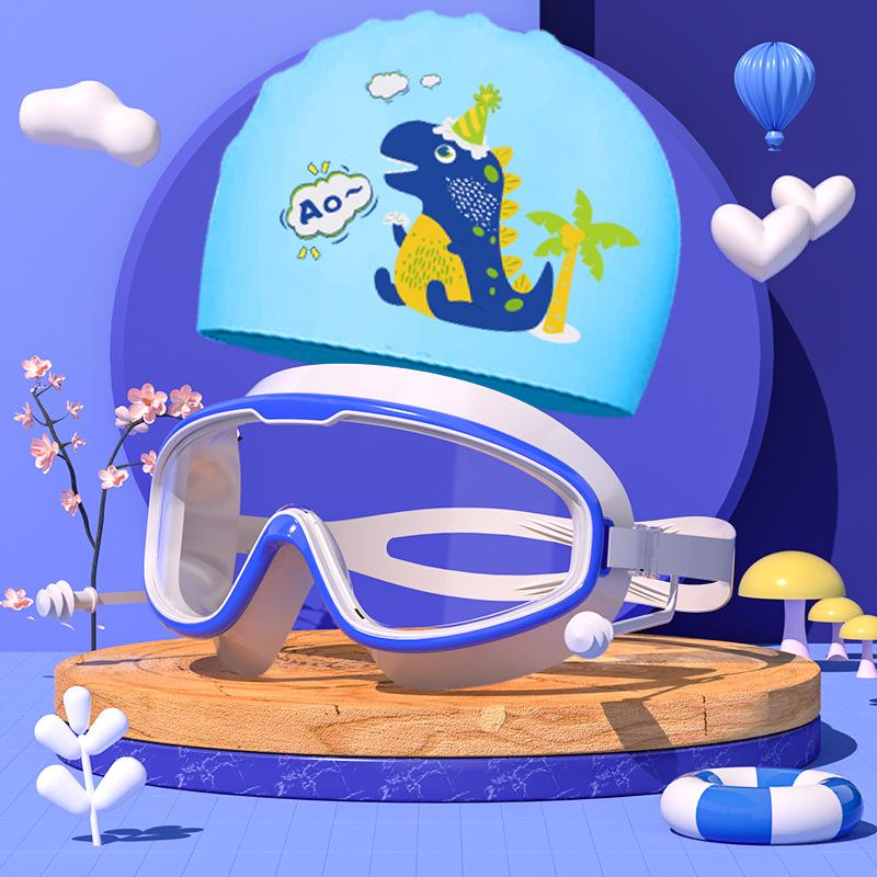 Комплект из очков и шапочек для плавания, детские очки с большой оправой, водонепроницаемые, противотуманные, для мальчиков и девочек, плавательные очки с рисунком, шапочка для купания