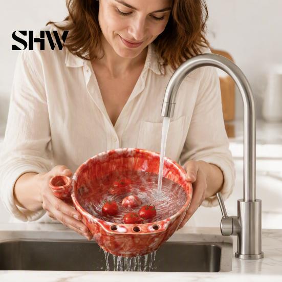 Decorative Fruit Display Dish Ceramic Berry Bowl, Self Rinsing with Drainage Hole Washing Small Serving Bowl Glazed for Kitchen Countertop Food