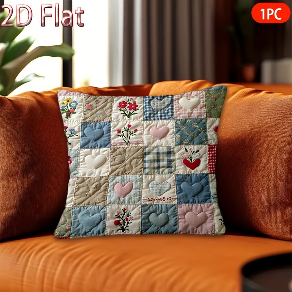 Double Sided Vintage Patchwork Heart Flower Pillow Cover Boho Quilted Print Soft Throw Pillow Case For Home Decor Gift