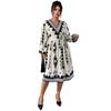 Foreign trade autumn and winter new dress large size fat mm printed bubble sleeve V-neck dress high waist and thin dress