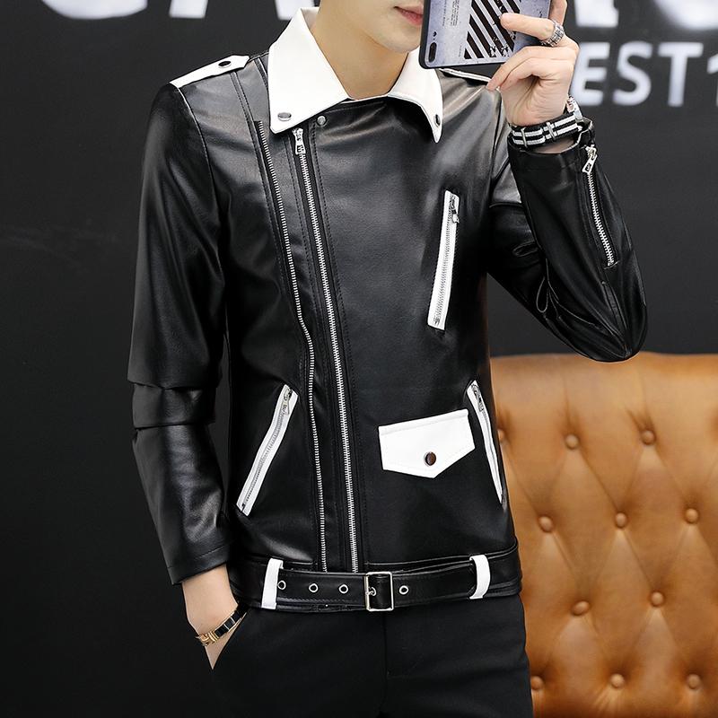 Новый дизайн, мотоциклетная куртка-бомбер, кожаная куртка с поясом, мужская осенняя облегающая мужская кожаная куртка с отложным воротником, пальто