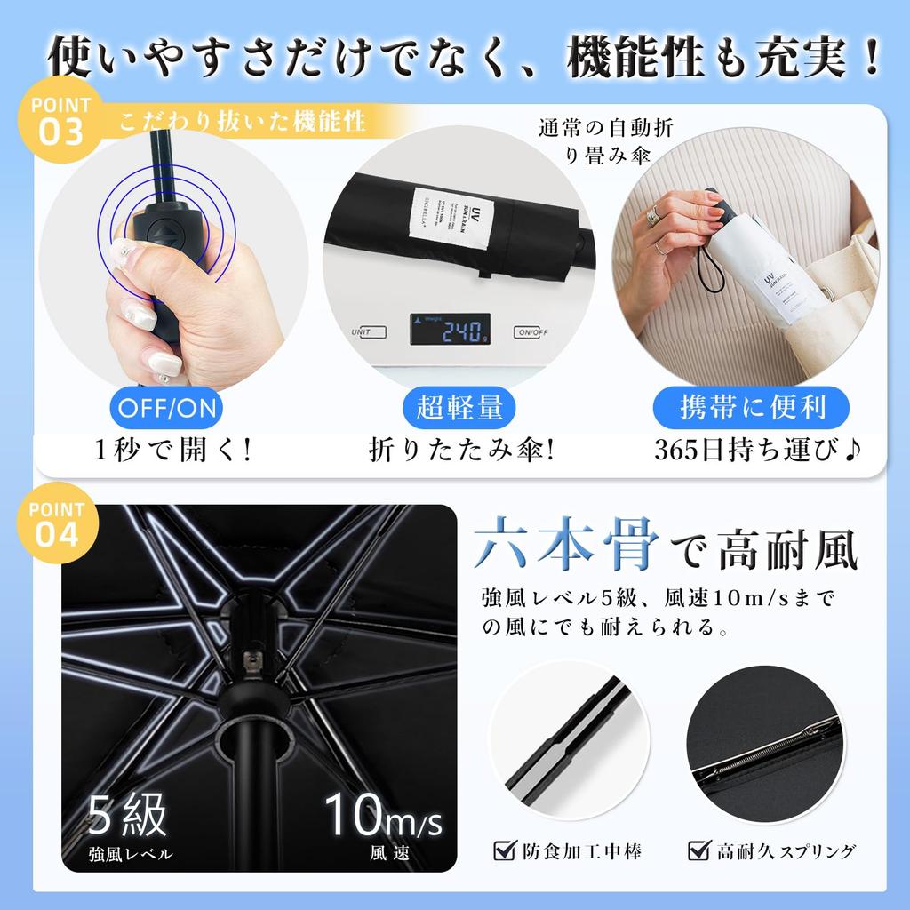 Shishibella Ultra UV Protection Complete Light Heat One Touch Automatic Folding Folding UV Wind Water For Both Sunny and Rainy One Touch Parasol,