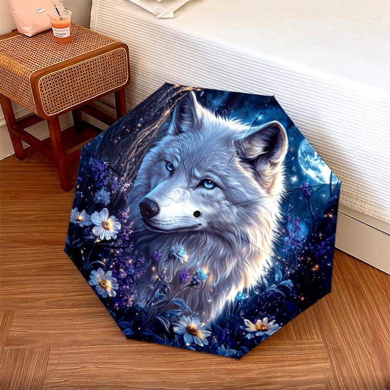 1 шт. Автоматический складной зонт - Волк в лунном узоре, Портативный и складной дизайн с 8 спицами, Рождественские и Новогодние подарки