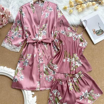 Европейский и американский стильный комплект ночной сорочки и халата из ледяного шелка с открытой спиной - Женская удобная домашняя одежда