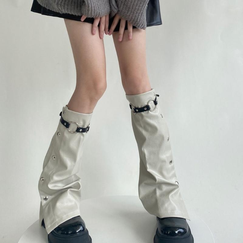 Женские грелки на ноги Harajuku с пряжкой из кожи, с панковскими боковыми пуговицами, широкие, расклешенные, для ботинок, длинные носки на икры, уличная одежда