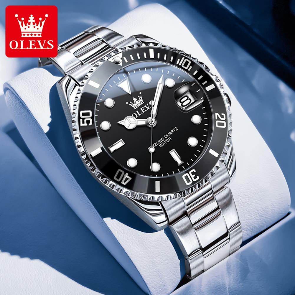 OLEVS Men's Watches Classic Fashion Fine Steel Original Quartz Wristwatch for Man Waterproof Diving Timing Bezel Luminous Date