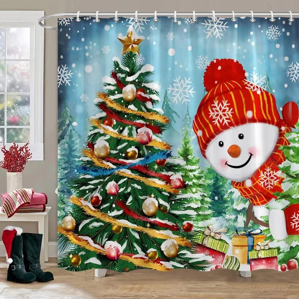 Merry Christmas Bathroom Curtains Snowman Christmas Tree Gift Red Truck Polyester Fabric Washable Shower Curtain Bathroom Decor