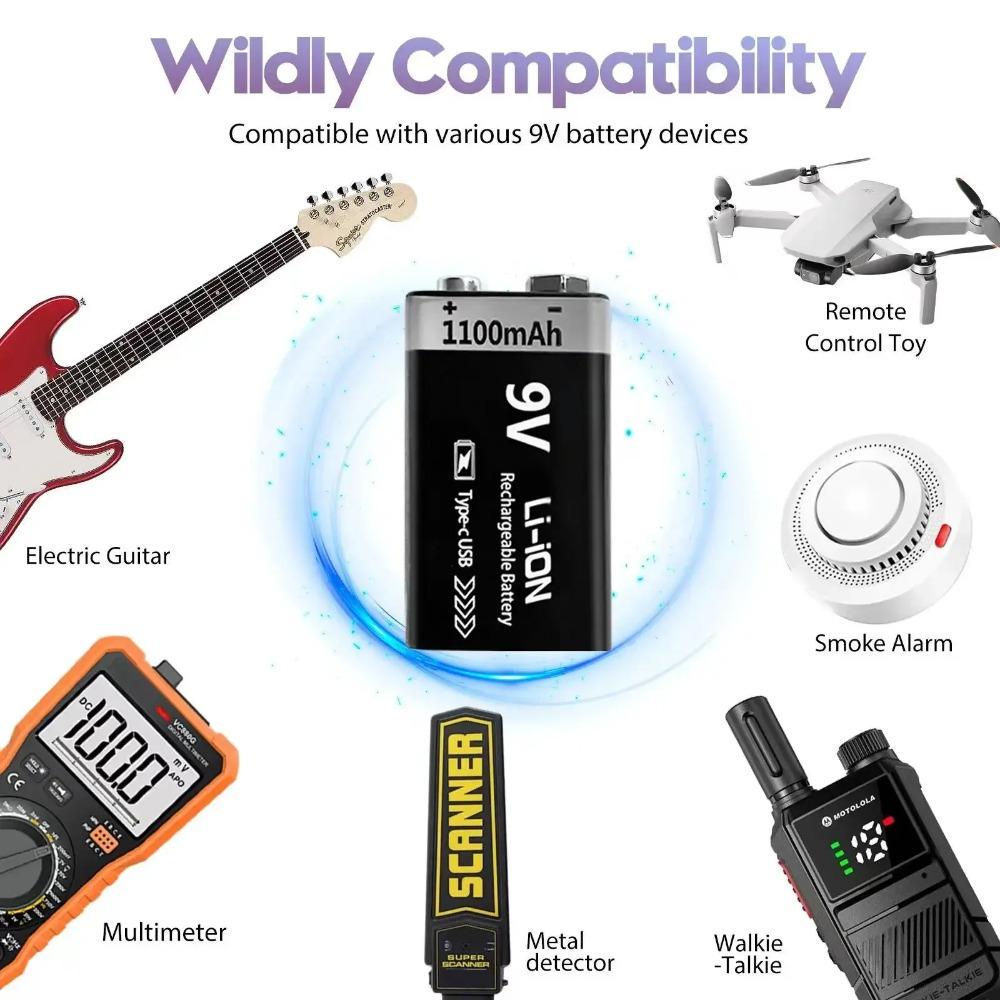 Аккумулятор 9В Перезаряжаемый 1100 мАч USB Type-C 6F22 9В Литий-ионный аккумулятор для Мультиметра, Радиоуправляемых игрушек, Гитарной педали, Микрофона