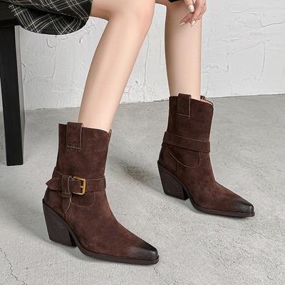 Мода НОВЫЕ Осенние Женские Ботинки Острый Носок Массивный Каблук Обувь Коровья Замша Кожаная Обувь для Женщин Повседневные Слипоны Западные Ботинки Повседневная Обувь