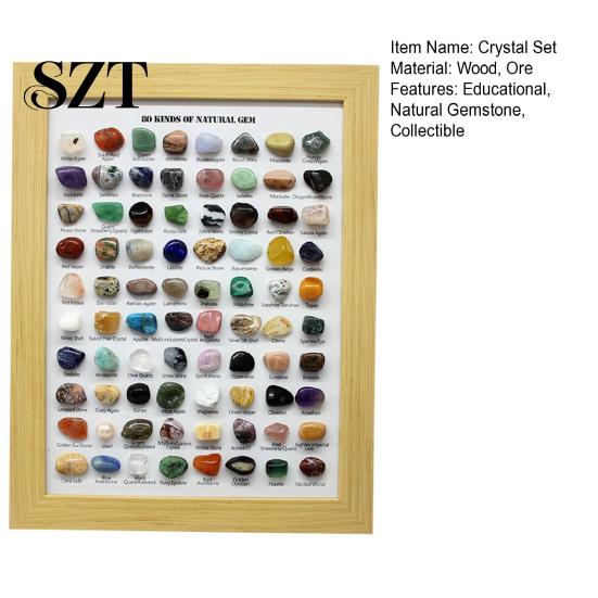 Gemstone Exploration Kit 80 Natural Gemstones Collection Crystal Ore Exhibit Set Collectible Gems Lover Display in Wooden Frame Educational