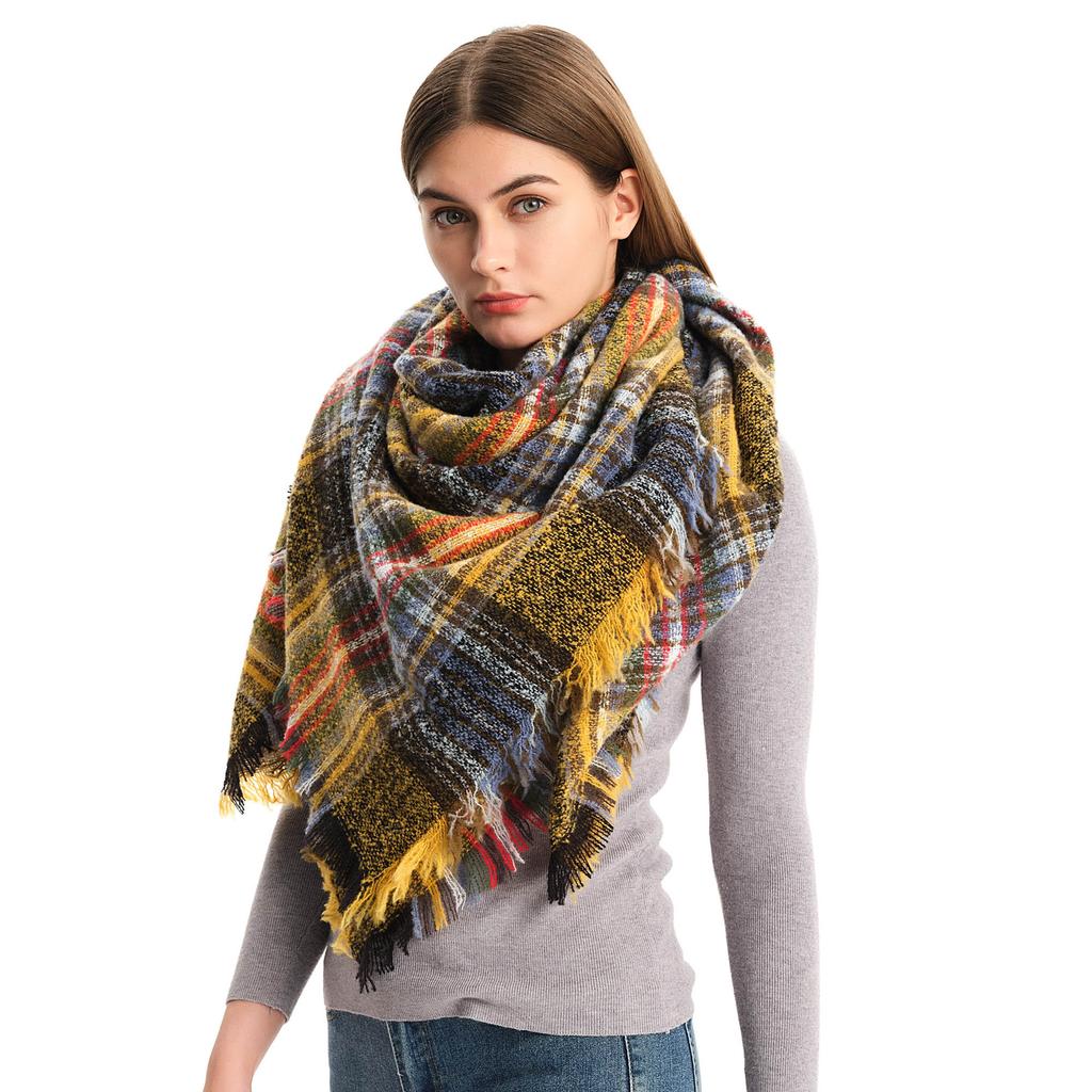 Новый шарф, женский осенне-зимний шарф, круглая пряжа, клетчатый шерстяной квадратный шарф, шарф