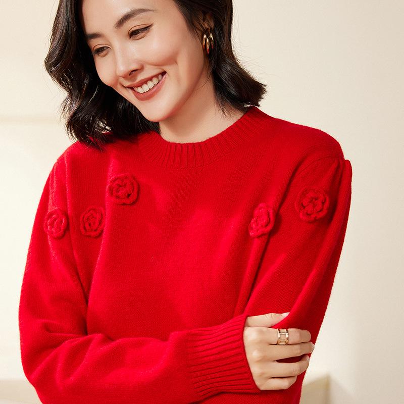 Women's Hand-Sewn 100% Pure Wool Sweater - Golden Camel Loose Knitwear, Autumn/Winter 2024, Round Neck Base Layer.