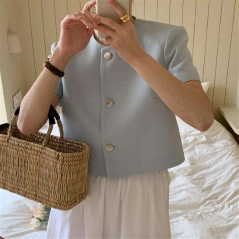 New Arrivals Open Run Women Classic Round Button Round Neck Short Sleeve Semi Cr