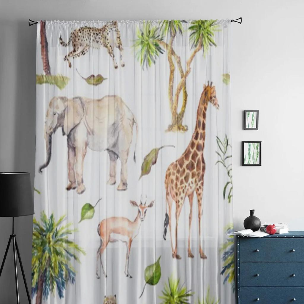 Watercolor Wild Animals Sheer Curtains for Living Room Transparent Tulle Window Curtain Bedroom Kitchen Home Decor Veil Drapes