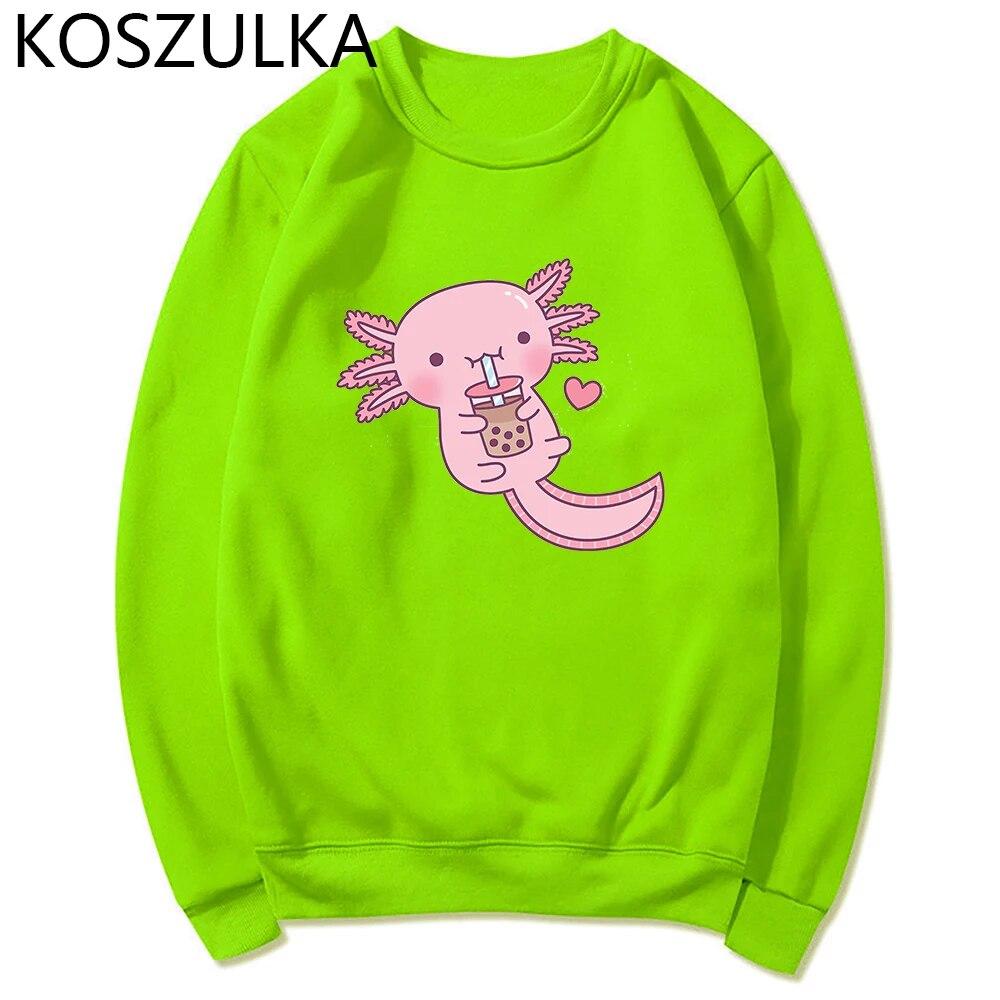 Забавные женские милые толстовки с капюшоном «Аксолотль любит пузырьковый чай» Толстовка с принтом Свободная толстовка с капюшоном большого размера с мультяшным принтом Уличная одежда Розовая одежда