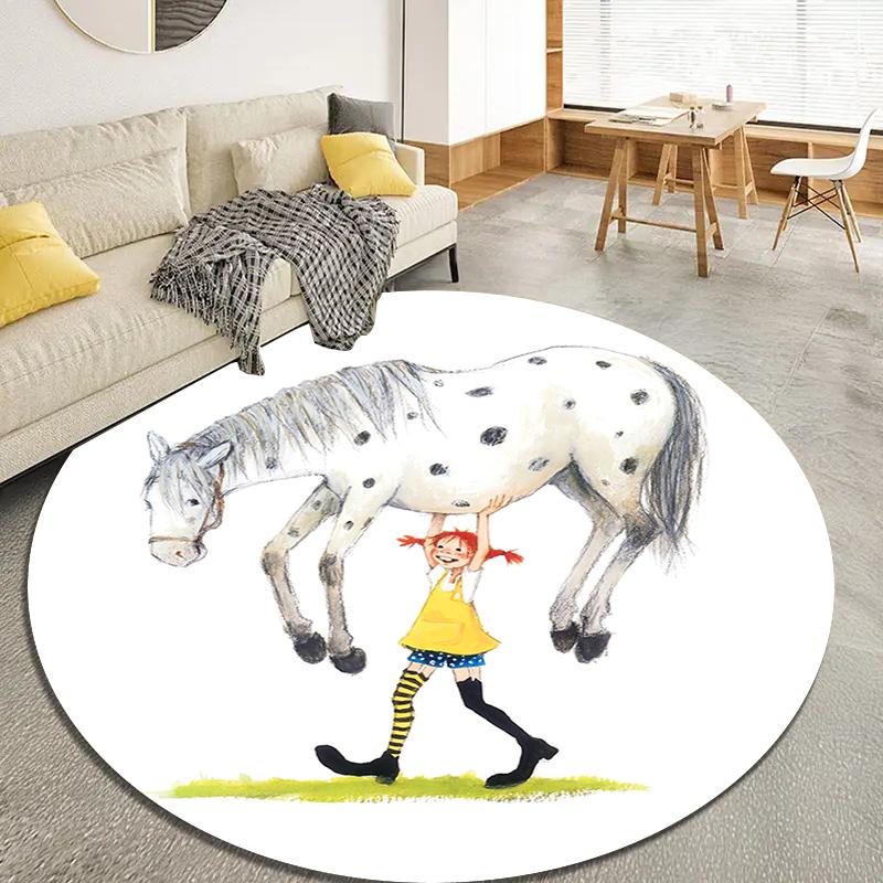 Круглый ковер с изображением мультфильма Пеппи Длинныйчулок, Ковер для гостиной, спальни, дивана, игровой комнаты, Нескользящий коврик Q0030