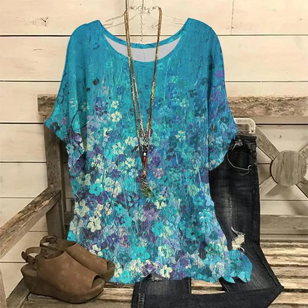 Модная футболка большого размера для женщин, футболка с 3D цветочным градиентным принтом и круглым вырезом, топы с короткими рукавами, повседневные женские пуловеры, свободные футболки