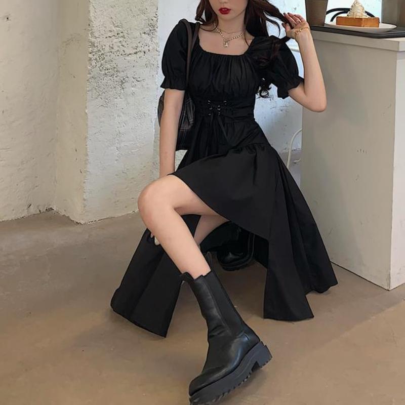 Женское белое платье, летнее элегантное винтажное платье миди с пышными рукавами и квадратным воротником, бандажный сарафан, готическая одежда