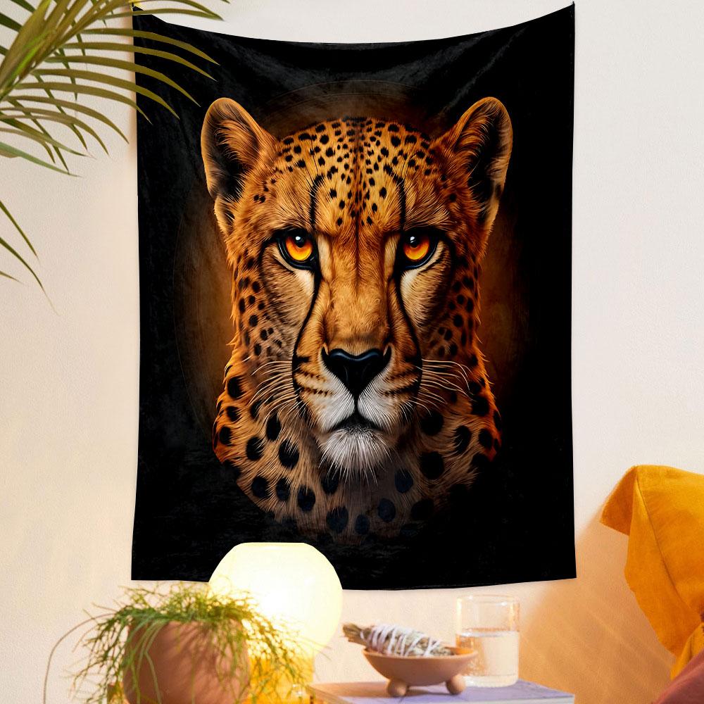 Fiery Cheetah Portrait on Black Patterned Tapestry Decorative Wall Hanging, Home Bedroom Living Room Decor