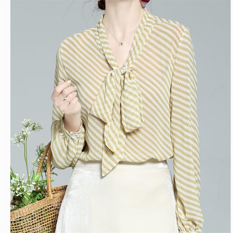 Элегантные женские летние блузки, повседневные женские топы, женская полосатая рубашка с бантом, шифоновая блузка, сорочка femme blusas, топ с длинными рукавами