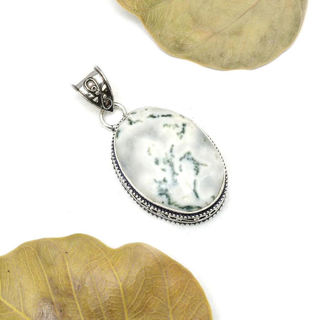 Tree Agate Gemstone Pendant : 925 Sterling Silver Handmade Jewelry Pendant