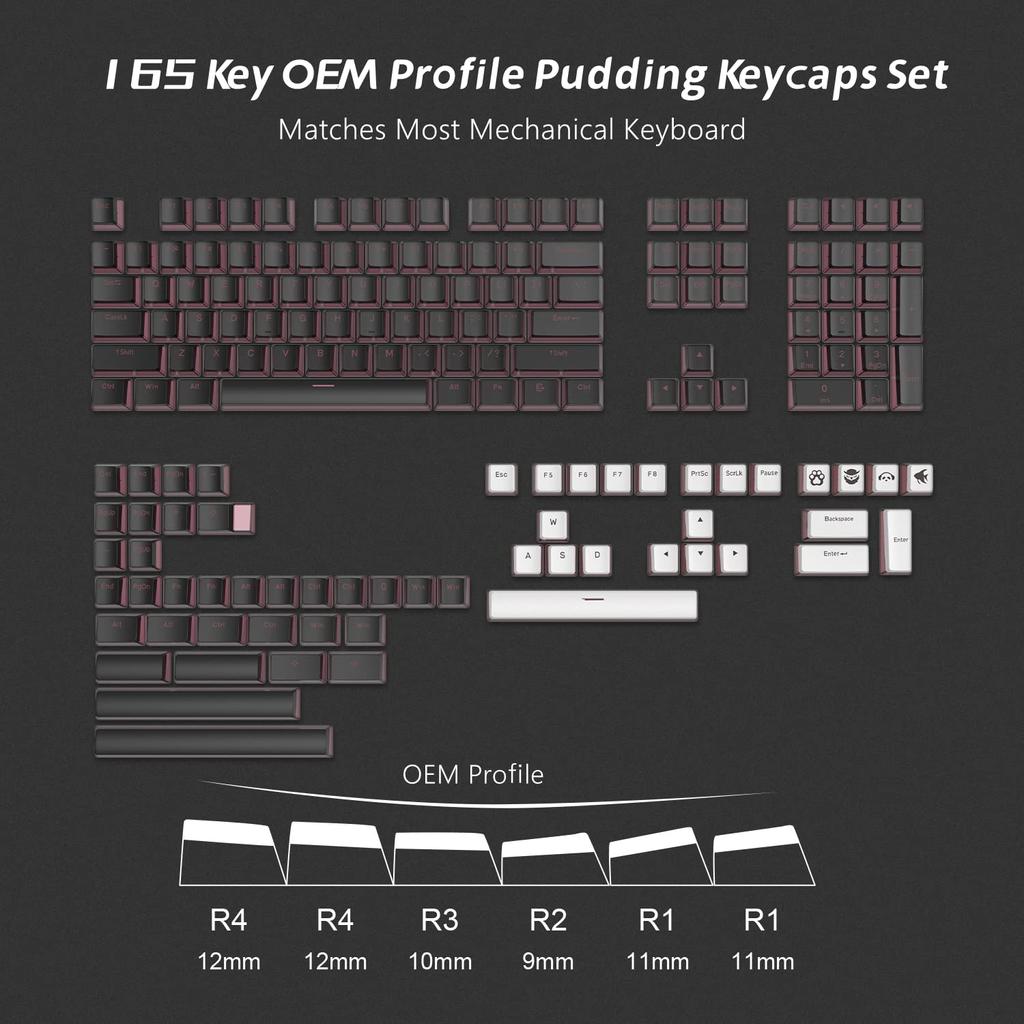 Womier Pudding Keycaps PBT Shine Through 165 Key Caps Custom Keycaps для переключателя Cherry Gateron MX Mechanical Black Phantom - Keycaps, Keycaps, Set,