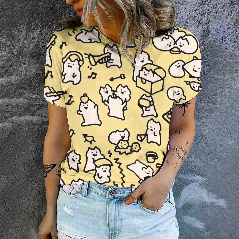 Футболка с круглым вырезом и принтом мультяшного кота, летняя, повседневная, дышащая, свободная, уличная, простая, женская футболка, топ