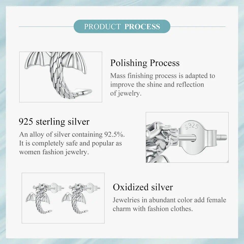 WOSTU 925 Sterling Silver Flying Dragon Stud Earrings Oxidized Silver Vintage Ear Studs Fine Jewelry For Women Girl Party Gift