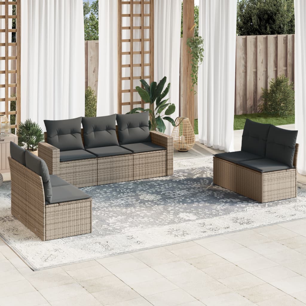 7 Piece Garden Sofa Set with Cushions Gray Poly Rattan
