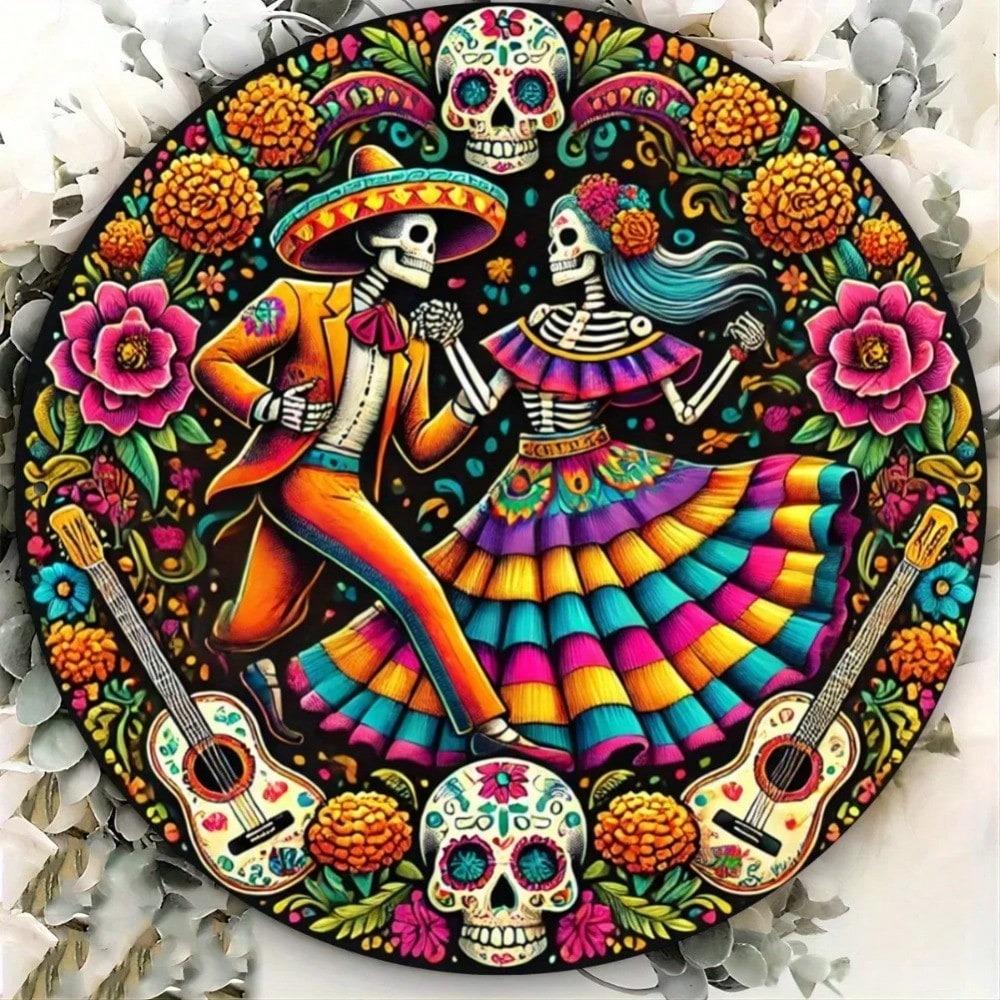 Mexican Folk Art Sugar Skull Iron Sign Vibrant Floral Skeleton Wall Decor