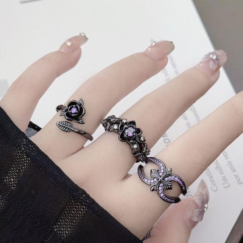 Винтажное кольцо с темной лозой, розово-фиолетовым бриллиантом, открытое кольцо-лепесток, нишевое, с высоким чувством стиля, простое кольцо