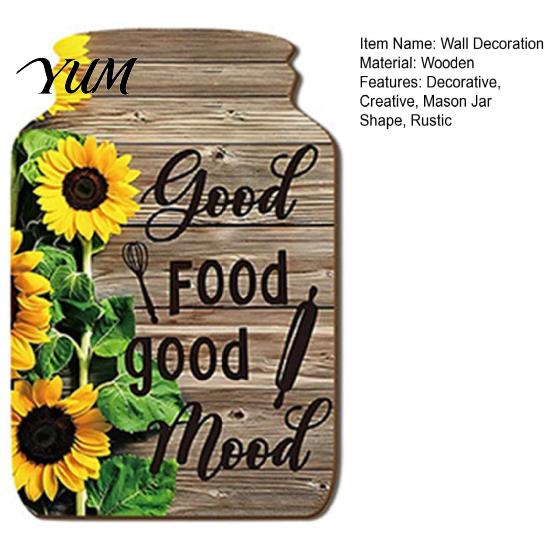 Rustic Wall Art Decor Mason Jar Shape Decoration, Wooden with Sunflower Print, Indoor Decoration Pieces Retro Hanging for Farmhouse Kitchen