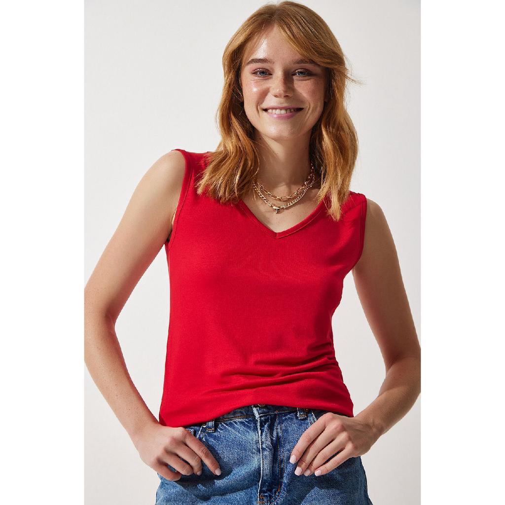 Deep Front Back V Neck Viscose Blouse Red