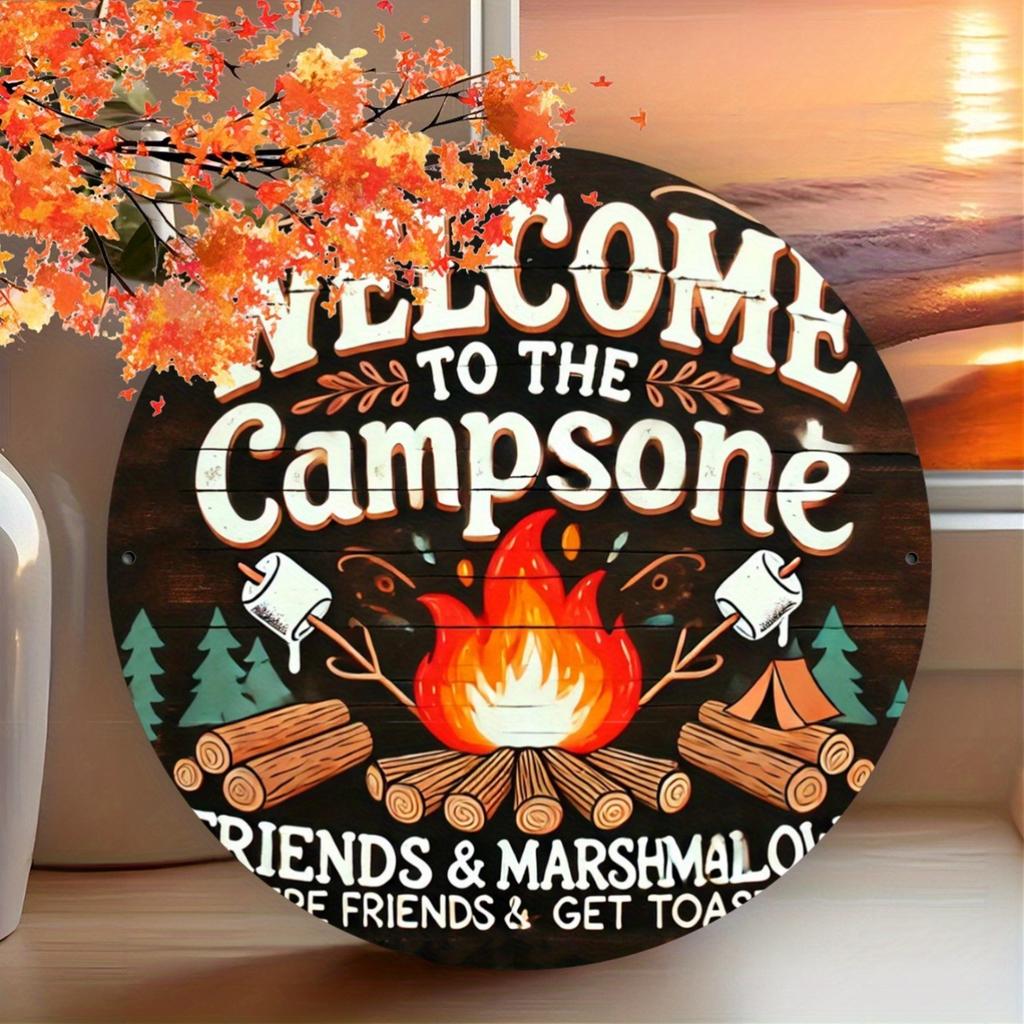 Welcome to the Campsite Campfire Round Metal Tin Sign D Flat Printing Outdoor Camping Wall Plaque For Home Decor