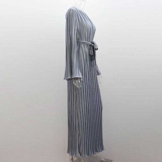 Осенне-весеннее женское платье с рукавами-колокольчиками, круглым вырезом, в полоску, плиссированное, однотонное, облегающее, со шнуровкой на ремне